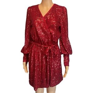 Gianni Bini Long Blouson Sleeve Wrap Mini Dress Red Sequin